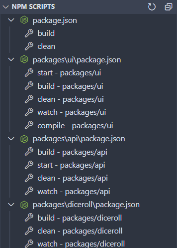 Example showcasing VSCode with the NPM Scripts panel showing all the scripts for each package